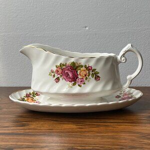 Wood & Sons England Cottage Rose Ironstone Gravy Boat and Underplate